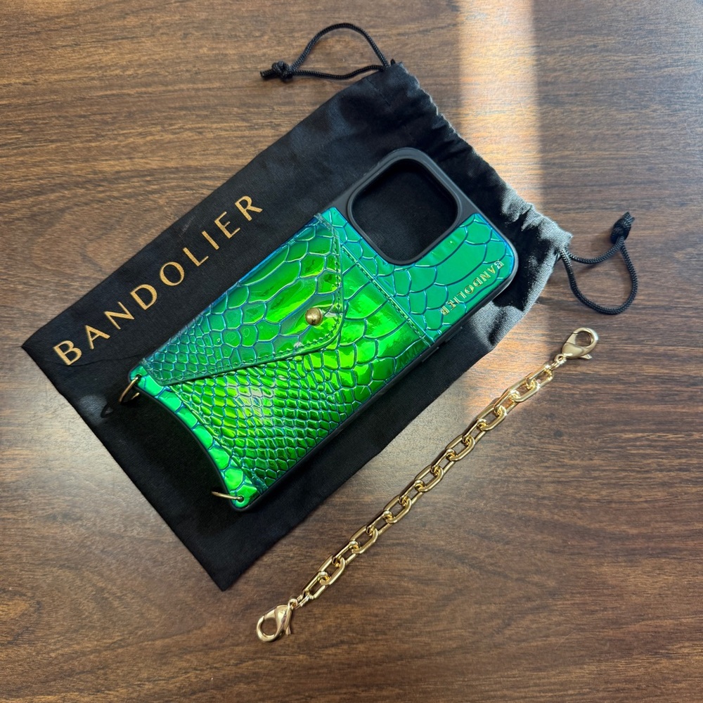 Bandolier Ariel Phone Case wallet for 14 Pro Max with Gold Wrislet